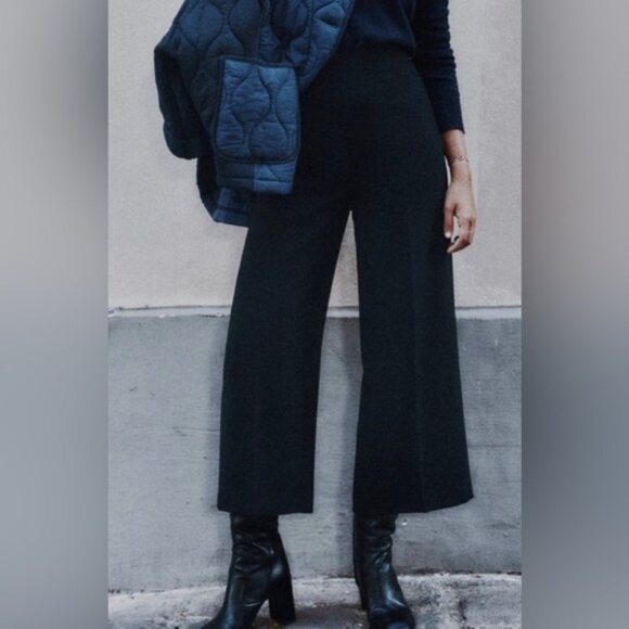 Zara Black HighWaisted Flat front Wide-Leg Culotte Trouser Size L - Picture 1 of 9